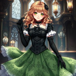 A gothic Victorian maiden anime girl, elegantly dressed in a tightly laced black corset that defines her figure, layered over a delicate white bodice or chemisette