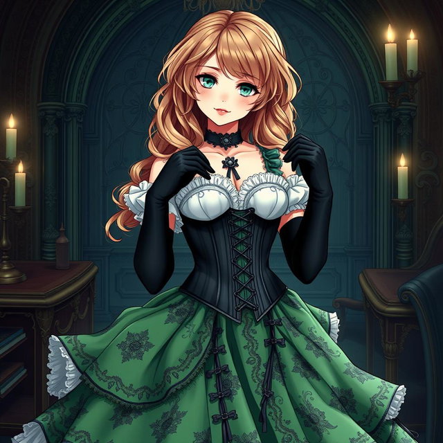 A gothic Victorian maiden anime girl, elegantly dressed in a tightly laced black corset that defines her figure, layered over a delicate white bodice or chemisette