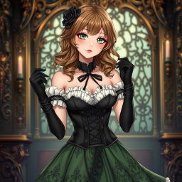A gothic Victorian maiden anime girl with a captivating presence, dressed in a tightly laced black corset that elegantly defines her silhouette, layered over a delicate white bodice or chemisette