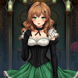 A gothic Victorian maiden anime girl with a captivating presence, dressed in a tightly laced black corset that elegantly defines her silhouette, layered over a delicate white bodice or chemisette