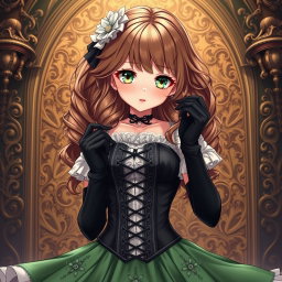 A gothic Victorian maiden anime girl with a captivating presence, dressed in a tightly laced black corset that elegantly defines her silhouette, layered over a delicate white bodice or chemisette