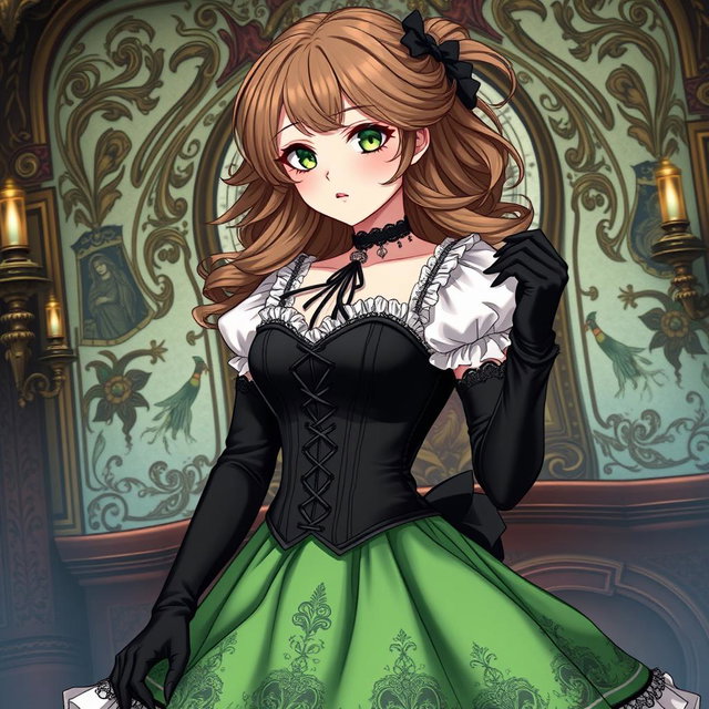 A gothic Victorian maiden anime girl with a captivating presence, dressed in a tightly laced black corset that elegantly defines her silhouette, layered over a delicate white bodice or chemisette