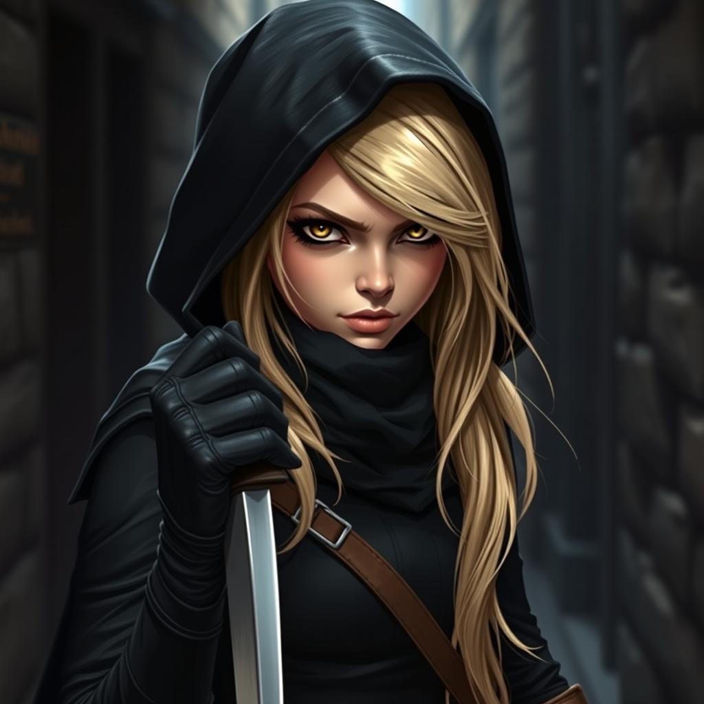 A female halfling rogue with a full, expressive face, showcasing long, flowing blonde hair partially tucked under a dark hood made of black fabric