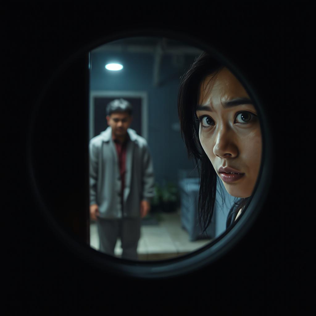 A tense moment captured at the front door, featuring a young Asian woman peering through a peephole