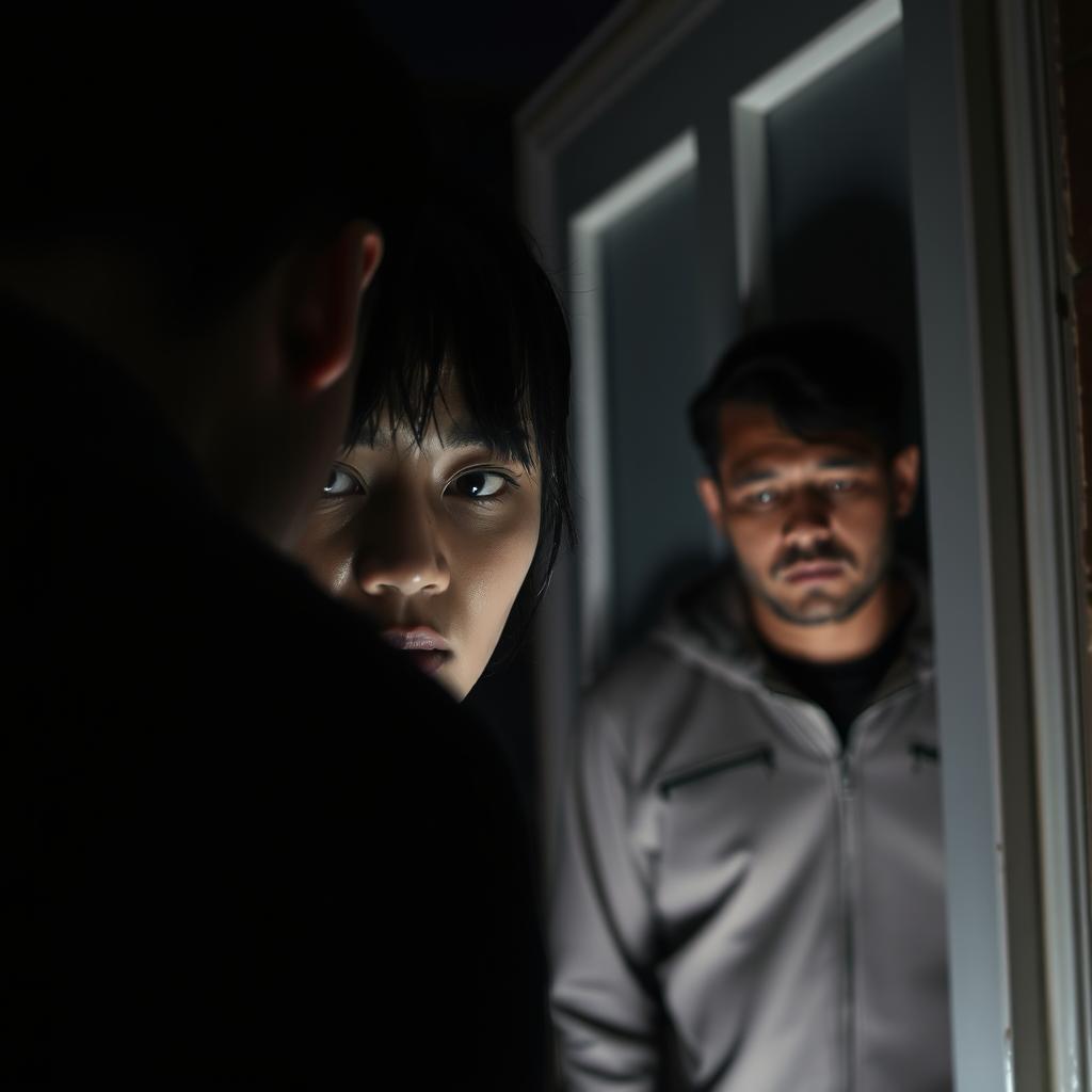 A tense moment captured at the front door featuring a young Asian woman staring intently as she sees her husband standing outside, visibly soaking wet with his clothes dripping onto the doorstep