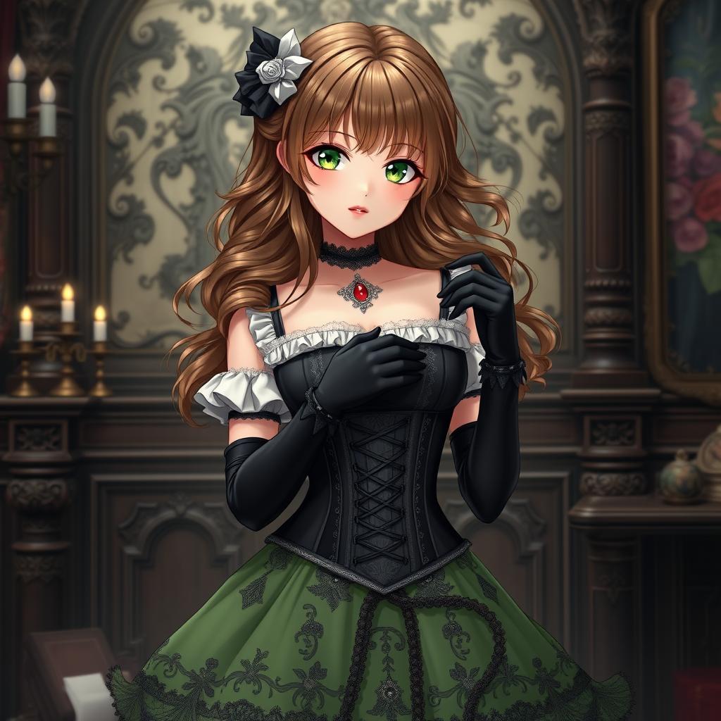 A gothic Victorian maiden anime girl, elegantly attired in a tightly laced black corset that beautifully emphasizes her silhouette, layered over a delicate white bodice or chemisette