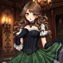 A gothic Victorian maiden anime girl, elegantly attired in a tightly laced black corset that beautifully emphasizes her silhouette, layered over a delicate white bodice or chemisette