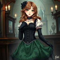 A gothic Victorian maiden anime girl, elegantly attired in a tightly laced black corset that beautifully emphasizes her silhouette, layered over a delicate white bodice or chemisette