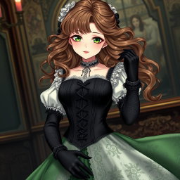 A gothic Victorian maiden anime girl, elegantly attired in a tightly laced black corset that beautifully emphasizes her silhouette, layered over a delicate white bodice or chemisette