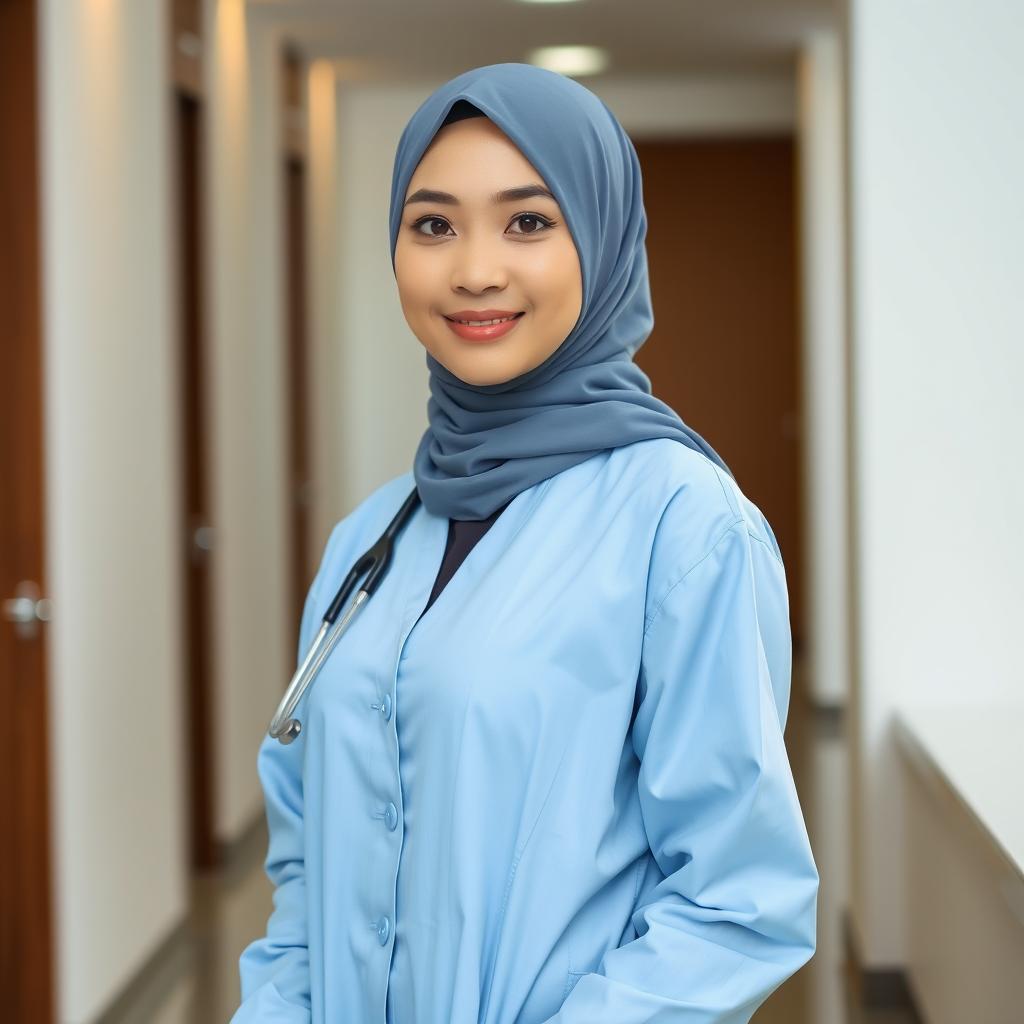 A stunningly beautiful Indonesian woman, wearing a hijab and a subtle smile, with fair skin