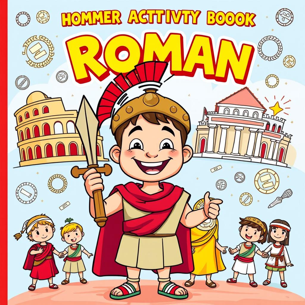 A vibrant and engaging cover illustration for a children's activity book about Roman history