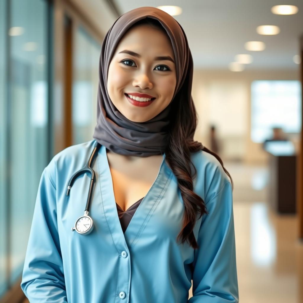 A very beautiful Indonesian woman wearing a hijab, with a subtle smile on her face and fair skin