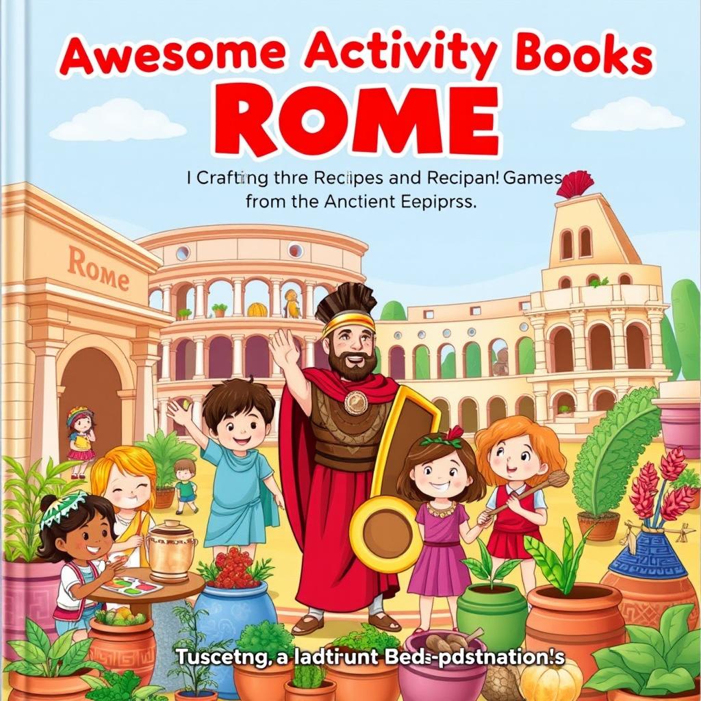 A lively and colorful cover illustration for a children's activity book titled 'Awesome Adventure Activity Books: Rome - Crafts, Games and Recipes from the Ancient Empire'