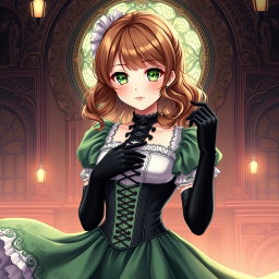 A gothic Victorian maiden anime girl, elegantly attired in a tightly laced black corset that accentuates her figure over a delicate white bodice or chemisette