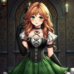 A gothic Victorian maiden anime girl, elegantly attired in a tightly laced black corset that accentuates her figure over a delicate white bodice or chemisette