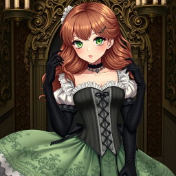 A gothic Victorian maiden anime girl, elegantly attired in a tightly laced black corset that accentuates her figure over a delicate white bodice or chemisette