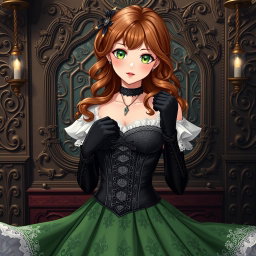 A gothic Victorian maiden anime girl, elegantly attired in a tightly laced black corset that accentuates her figure over a delicate white bodice or chemisette