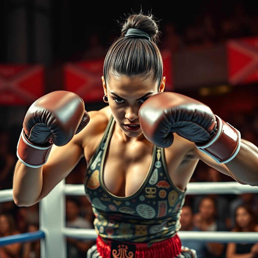 A fierce female boxer in the midst of a boxing ring, showcasing her athletic prowess and determination