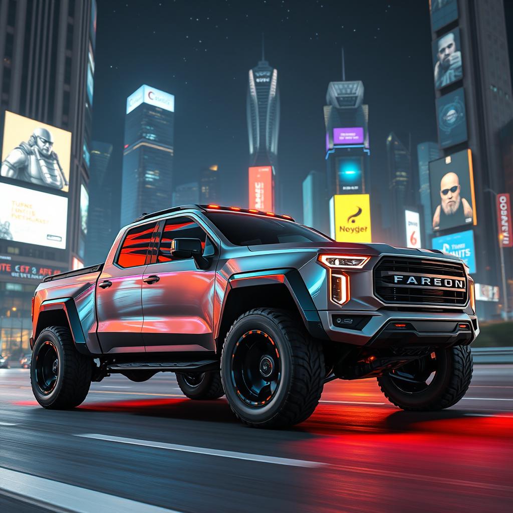 A futuristic pickup truck designed with sleek, aerodynamic lines and a shiny metallic exterior