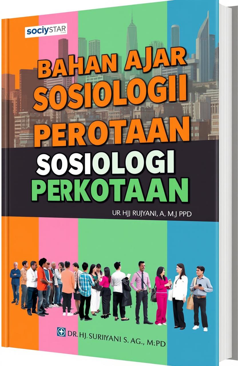 A vibrant and informative book cover design for a sociology textbook titled 'Bahan Ajar Sosiologi Perkotaan' authored by Dr