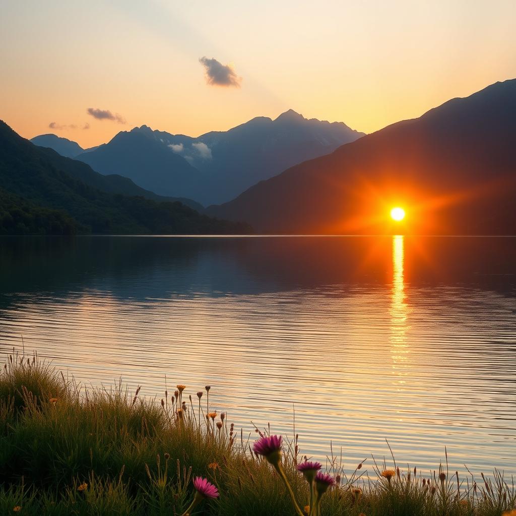 A serene landscape featuring a calm lake surrounded by lush greenery and majestic mountains in the background