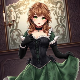 A gothic Victorian maiden anime girl, beautifully styled in a tightly laced black corset that accentuates her figure, layered over a delicate white bodice or chemisette