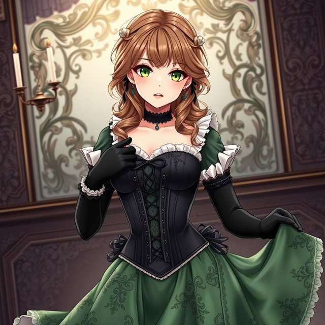 A gothic Victorian maiden anime girl, beautifully styled in a tightly laced black corset that accentuates her figure, layered over a delicate white bodice or chemisette