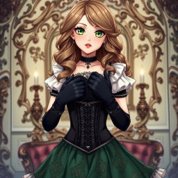 A gothic Victorian maiden anime girl, beautifully styled in a tightly laced black corset that accentuates her figure, layered over a delicate white bodice or chemisette