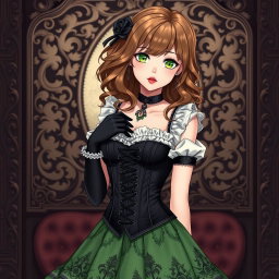 A gothic Victorian maiden anime girl, beautifully styled in a tightly laced black corset that accentuates her figure, layered over a delicate white bodice or chemisette