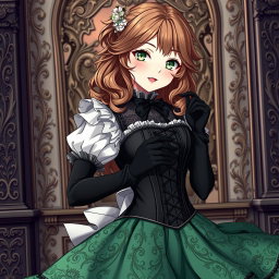 A gothic Victorian maiden anime girl, beautifully styled in a tightly laced black corset that accentuates her figure, layered over a delicate white bodice or chemisette