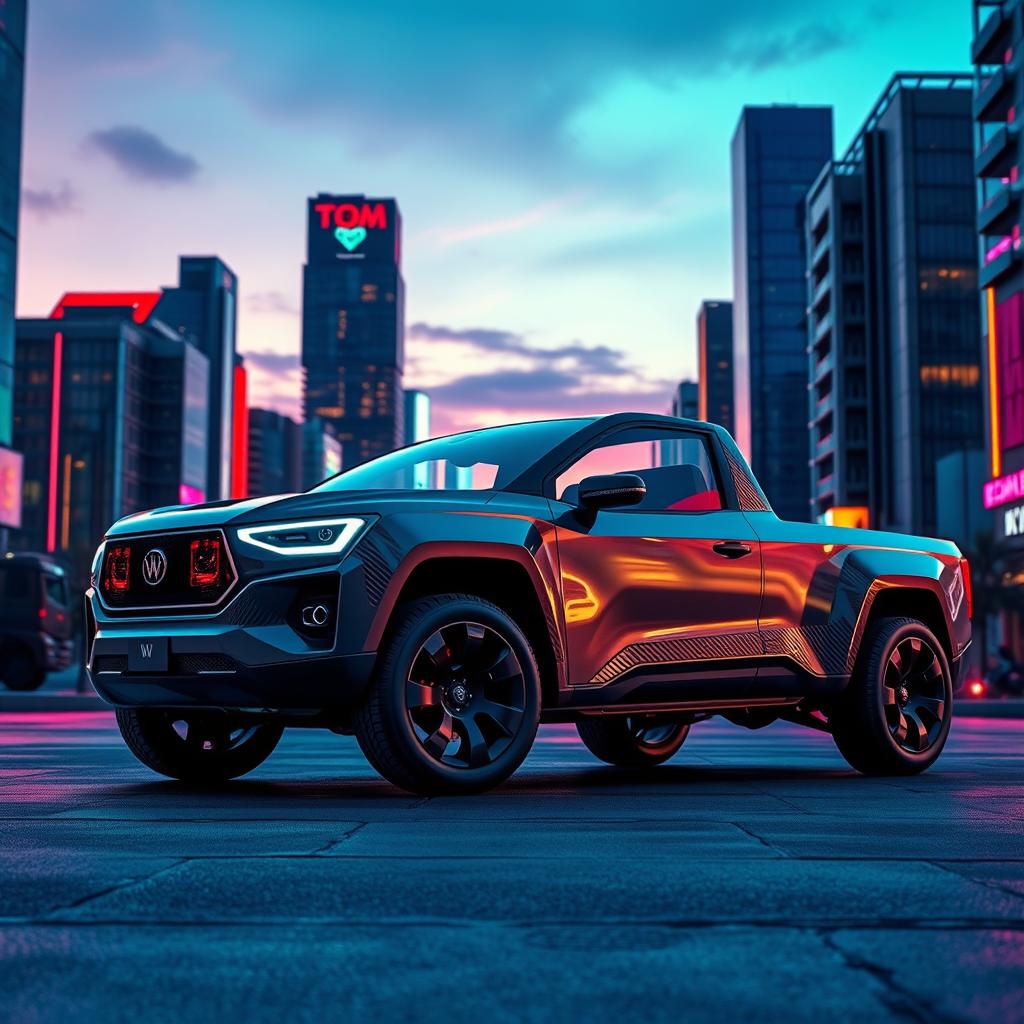 A futuristic pickup truck without a cargo bed, featuring a sleek, compact design with smooth, aerodynamic curves