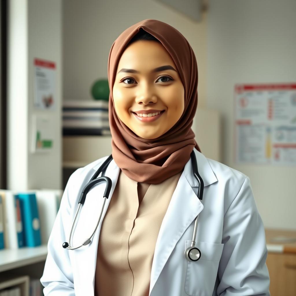 An Indonesian female doctor wearing a hijab, showcasing a confident and professional posture