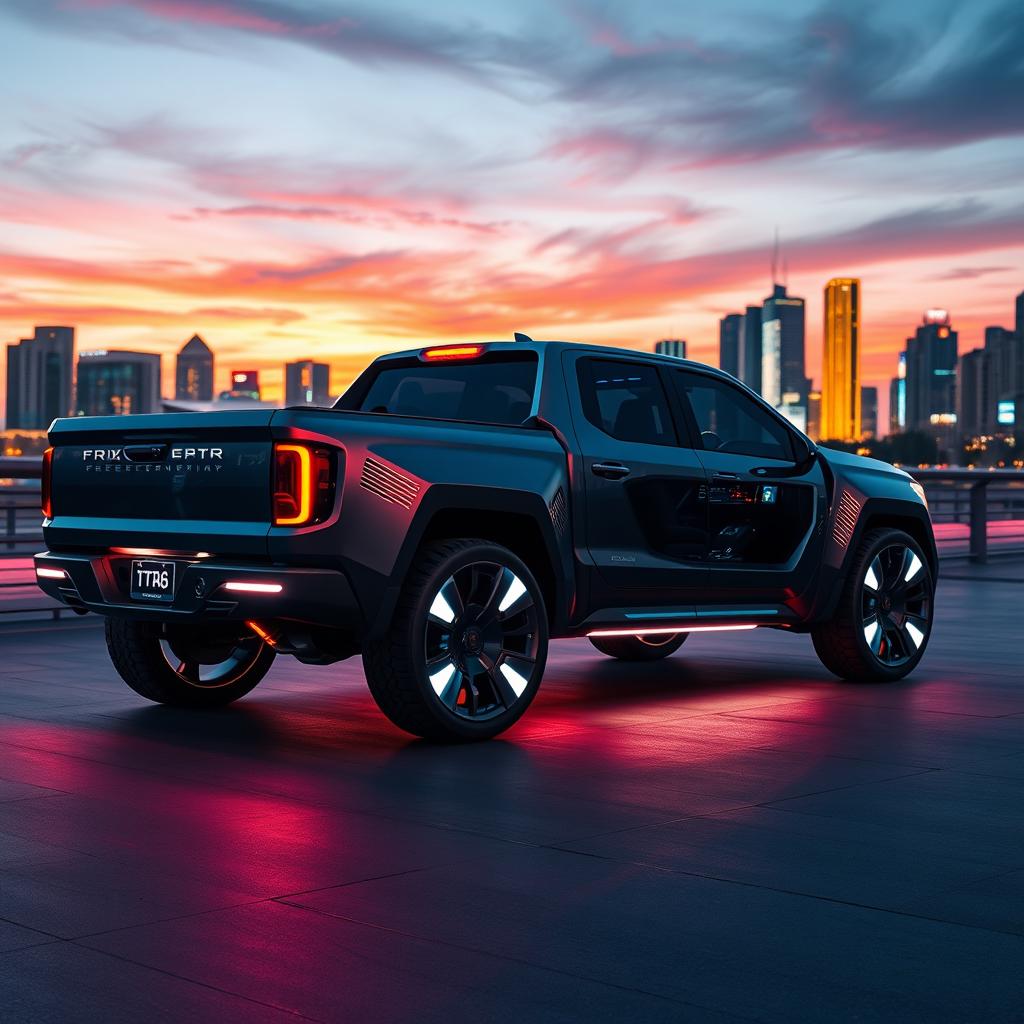 A futuristic pickup truck without a bed, showcasing a sleek and aerodynamic design