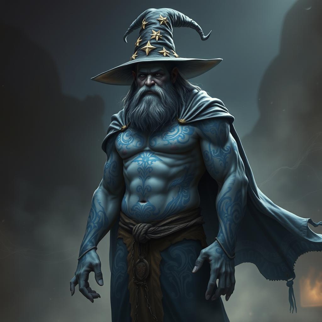 A gray-skinned Goliath wizard standing tall and imposing
