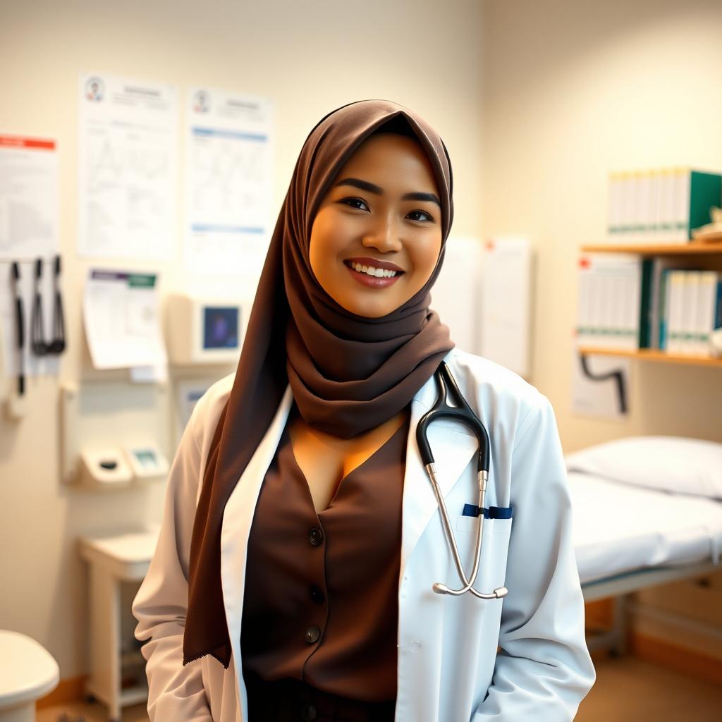 A stunning Indonesian female doctor wearing a hijab, showcasing her confidence and professionalism
