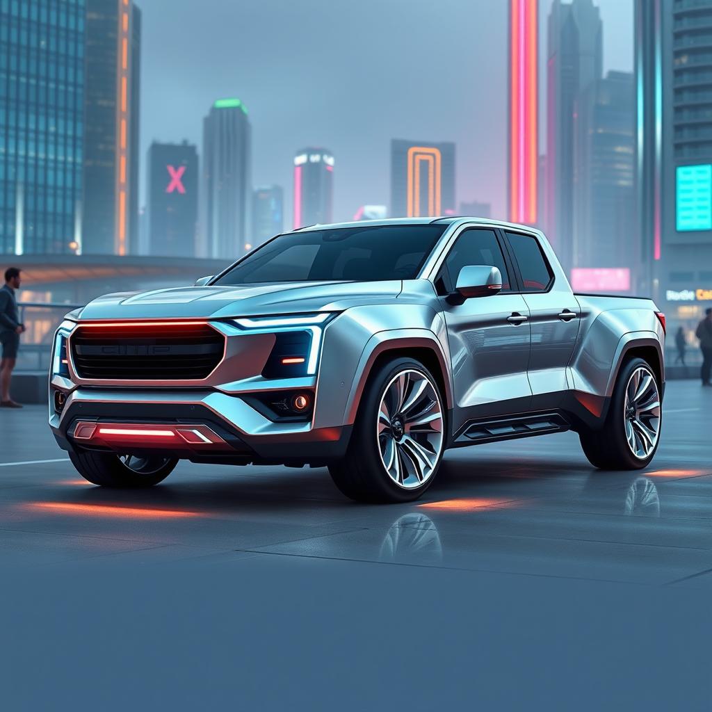 Futuristic pickup truck, sleek aerodynamic design without a bed, featuring smooth curves and advanced technology