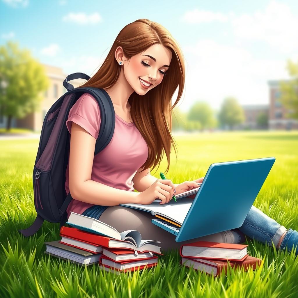 A realistic image featuring a college girl with a backpack, wearing casual yet stylish clothing, sitting on a grassy campus lawn surrounded by textbooks and a laptop, with a bright blue sky in the background