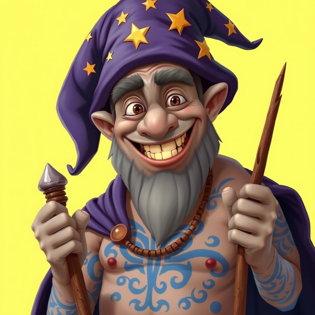 A friendly-looking gray-skinned Goliath wizard with a big, warm smile, showcasing his messed up teeth