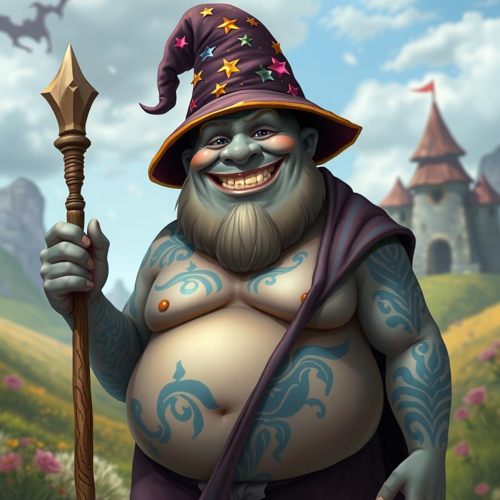 A friendly gray-skinned Goliath wizard, standing at 7 feet tall and very chubby, exuding a warm, inviting presence