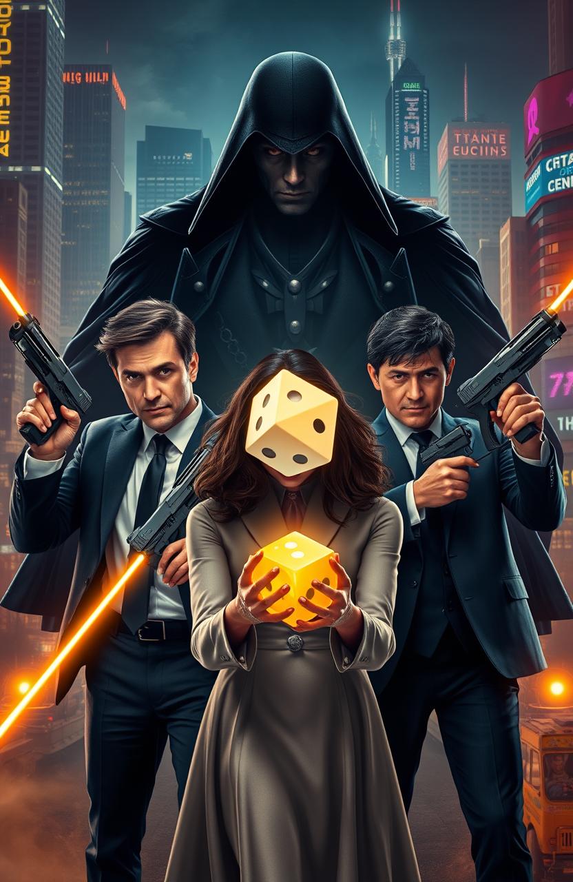 A cinematic scene featuring three men and one woman