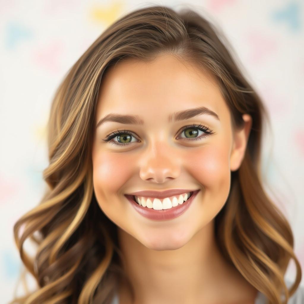 A close-up portrait of an attractive young woman with a warm smile, showcasing perfect teeth and an inviting expression