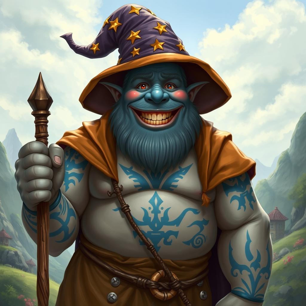 A very friendly gray-skinned Goliath wizard, standing at 7 feet tall with a chubby physique