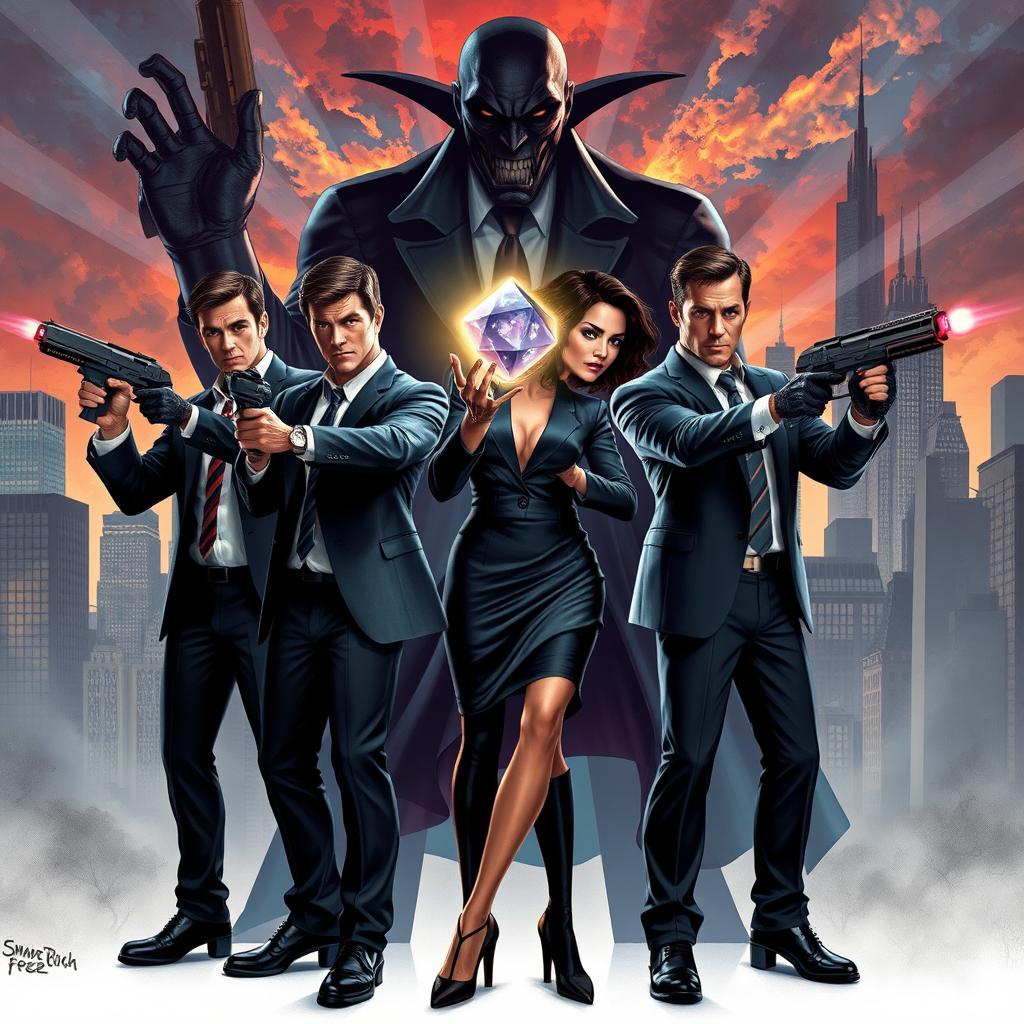 A dramatic scene featuring three well-dressed men and one stylishly attired woman