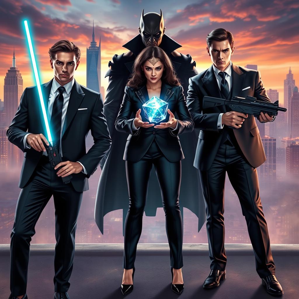 A captivating scene featuring three elegantly dressed men and one stylishly attired woman