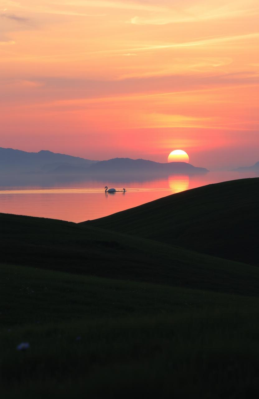 A serene and introspective scene titled 'Dibalik diam' featuring a tranquil landscape at sunset
