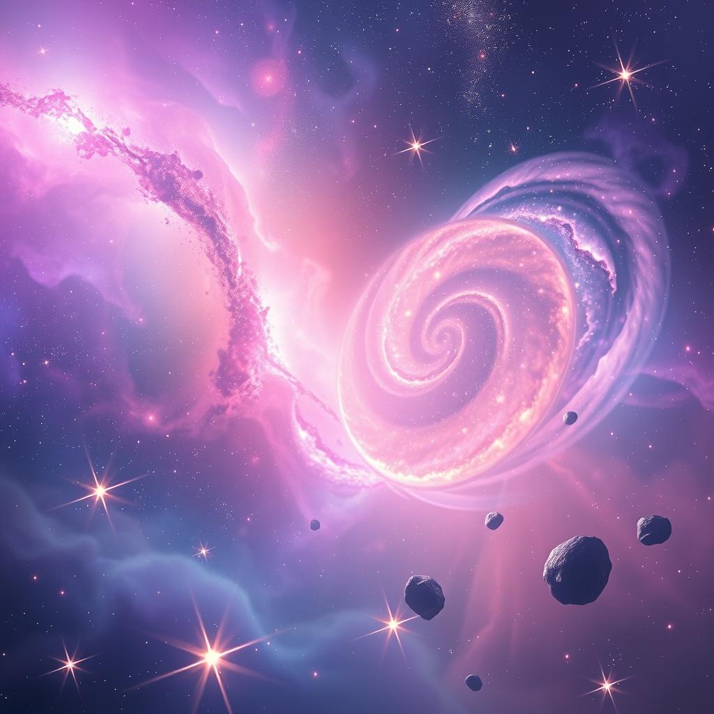 A cosmic scene depicting ethereal echoes in a vast universe, featuring vibrant nebulae in shades of purple, blue, and pink