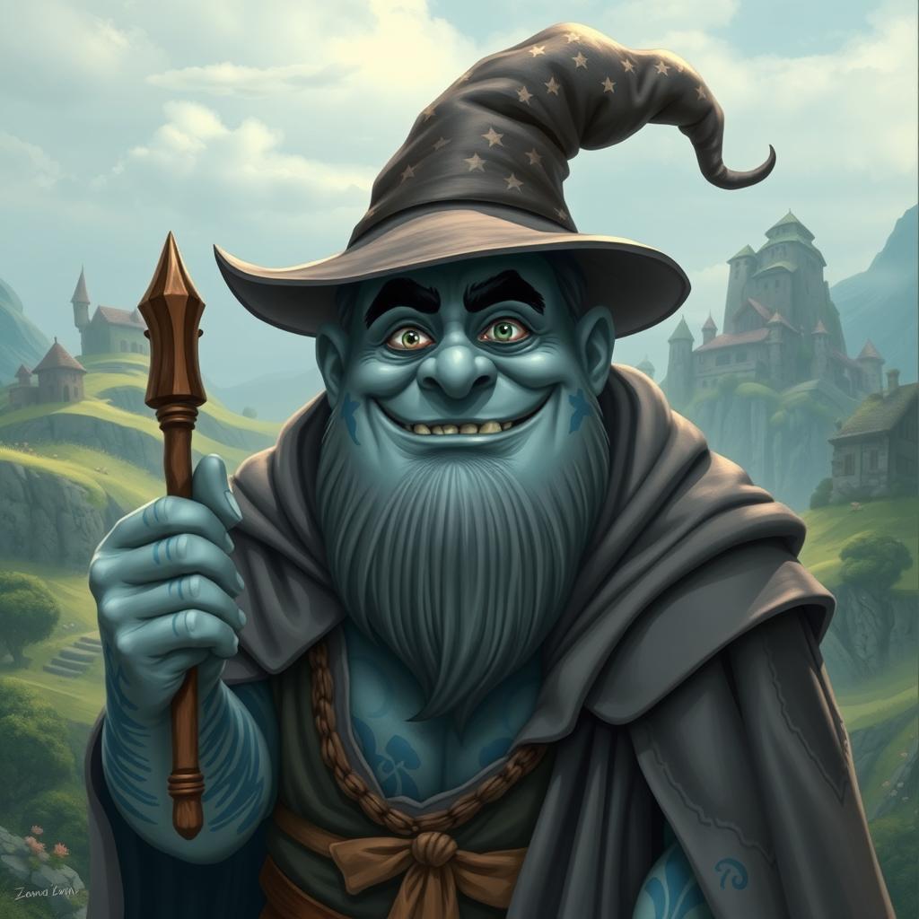 A gray-skinned giant who is also a wizard, towering in stature with a friendly demeanor