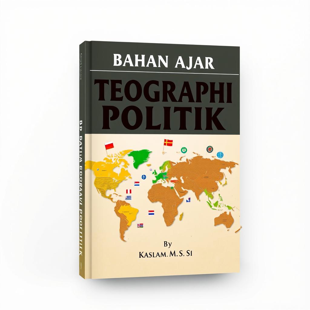 An engaging book cover design for a political geography textbook titled 'Bahan Ajar Geografi Politik' by Kaslam, M