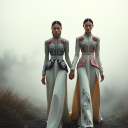 In a captivating scene titled 'The Ethereal Covenant', models are elegantly dressed in architectural floral colorblock ensembles, featuring sculptural pleats and exquisite silver-threaded embroidery