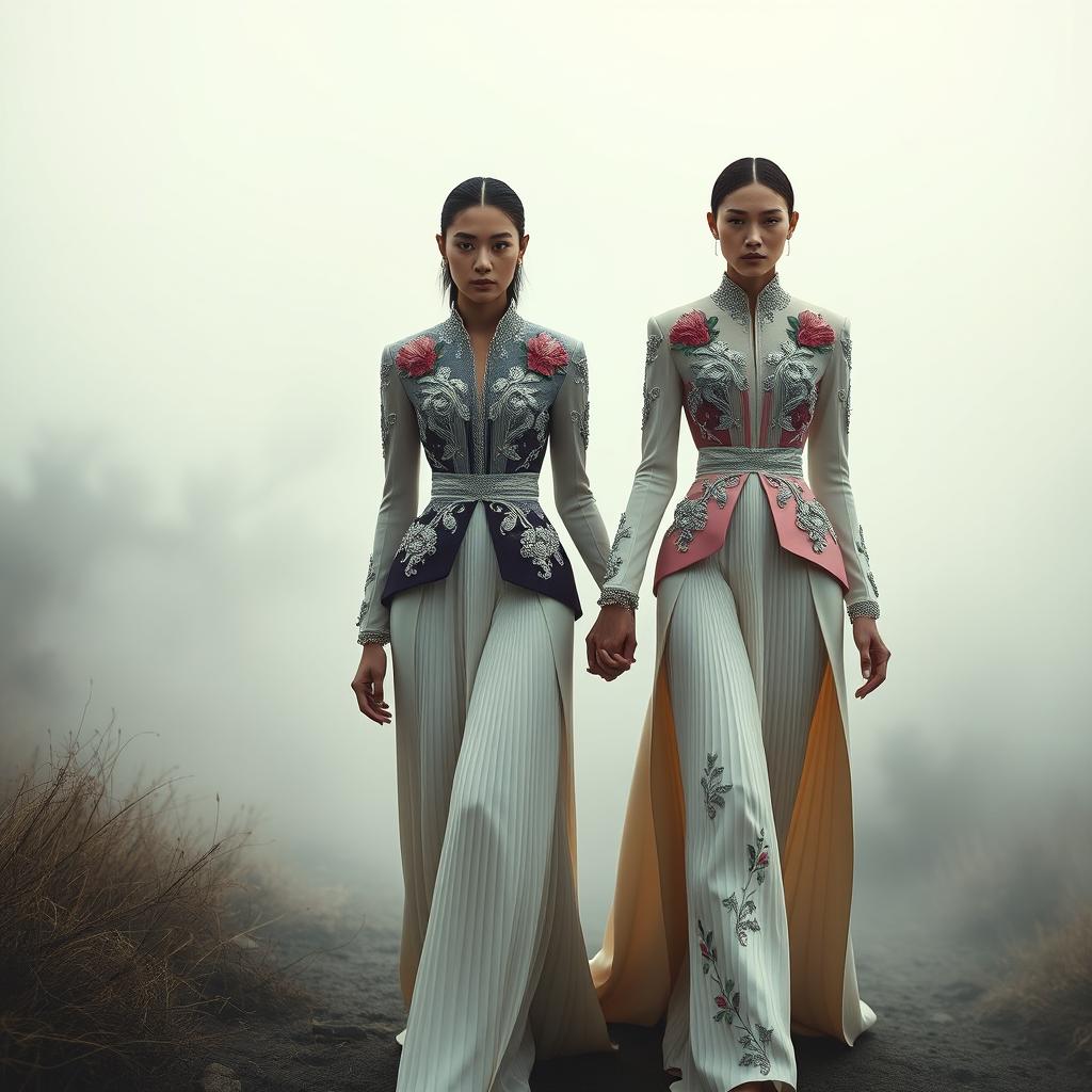 In a captivating scene titled 'The Ethereal Covenant', models are elegantly dressed in architectural floral colorblock ensembles, featuring sculptural pleats and exquisite silver-threaded embroidery